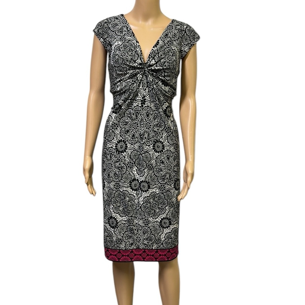London Style Black White Medulla Cap Sleeve V Neck and Back Midi Dress Womens 10